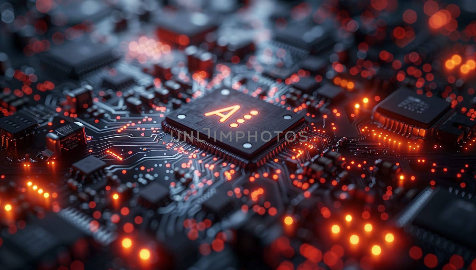 A closeup shot capturing the intricate details of a computer chip on a motherboard, showcasing the electronic engineering and circuit components in electric blue against a dark background