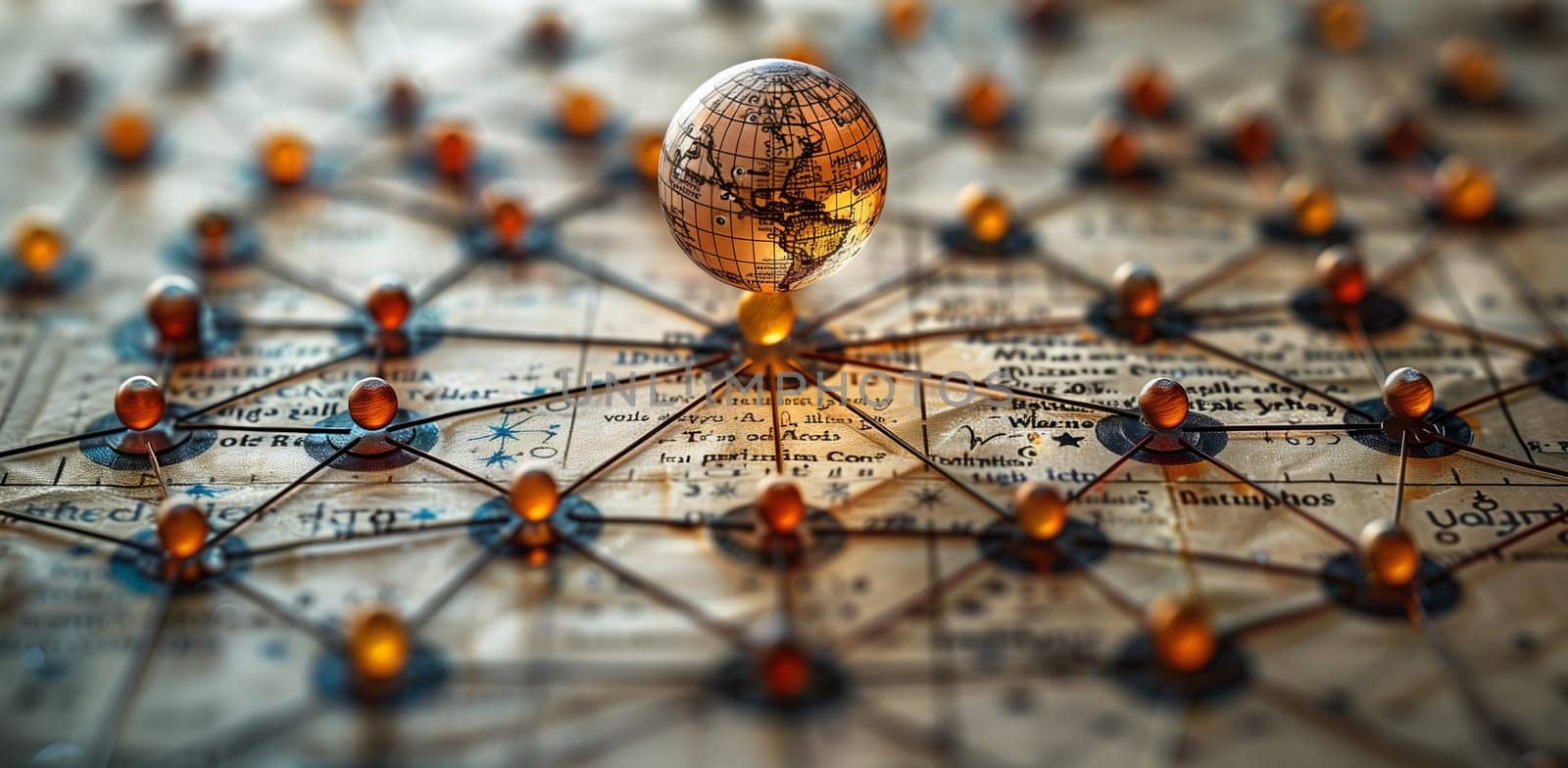 The globe, a fashion accessory made of glass and metal, rests on a map of the world. The symmetry of the circle pattern is captured in a stunning macro photography