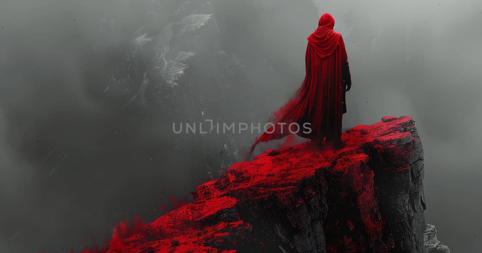 A man in a red cape stands on the edge of a cliff overlooking a volcanic landscape. Smoke and heat rise from a fissure vent, creating a breathtaking view of the geological phenomenon