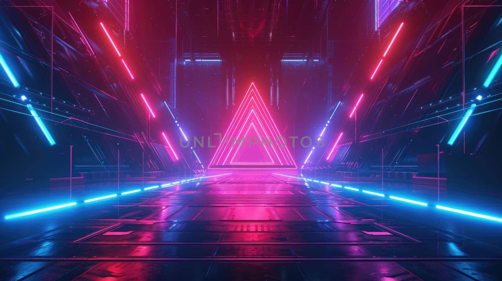 A digital illustration of a futuristic corridor bathed in vibrant neon lights, with a perspective that draws the eye towards infinity. Resplendent.