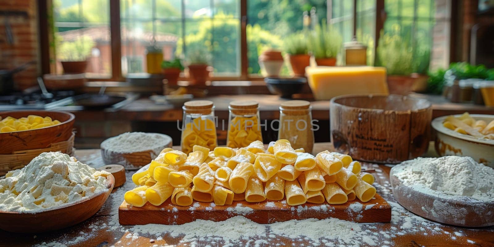 Classic Pasta on kitchen background. Diet and food concept