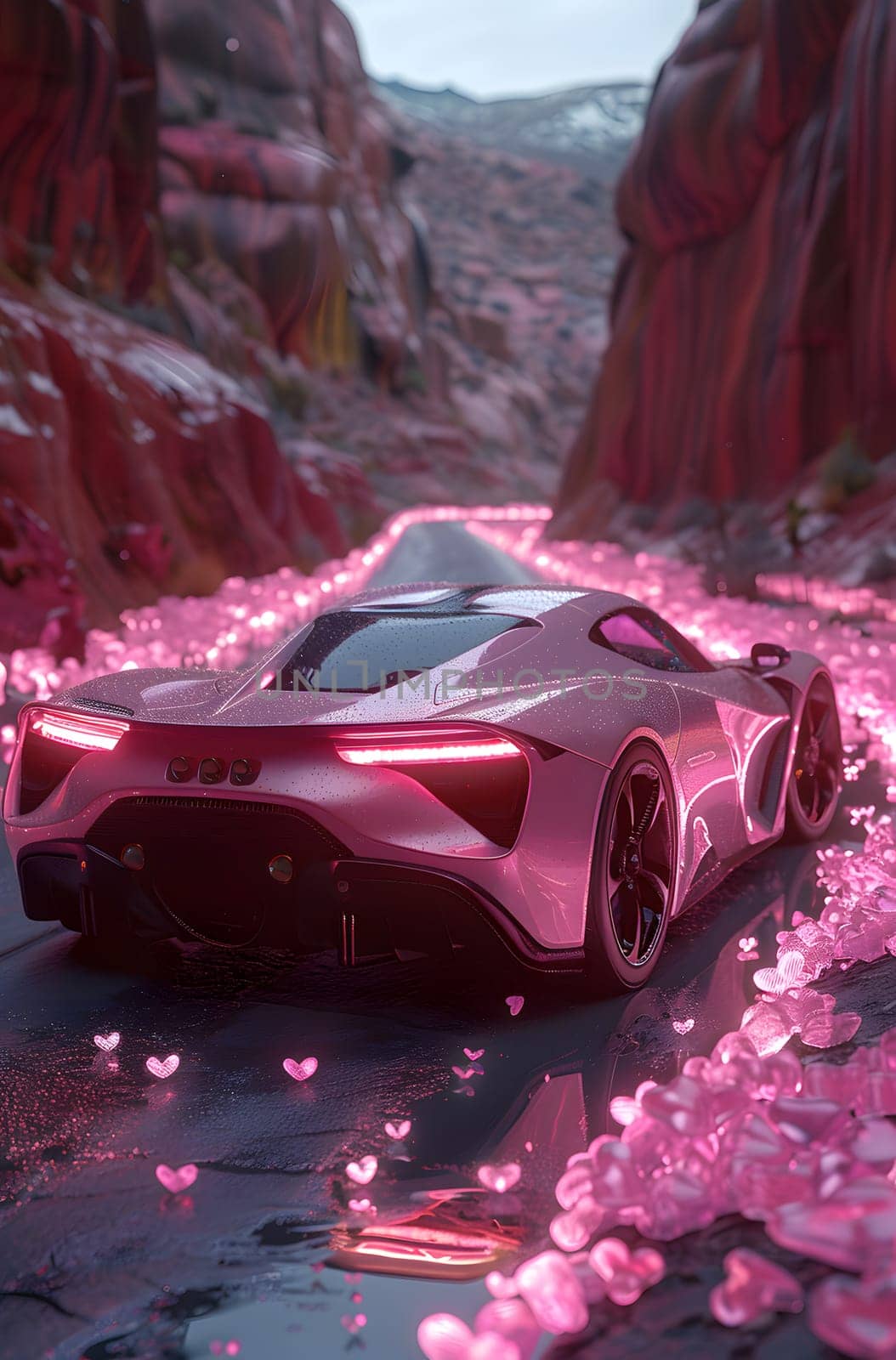 Car with automotive lighting drives past pink flowers on road by Nadtochiy