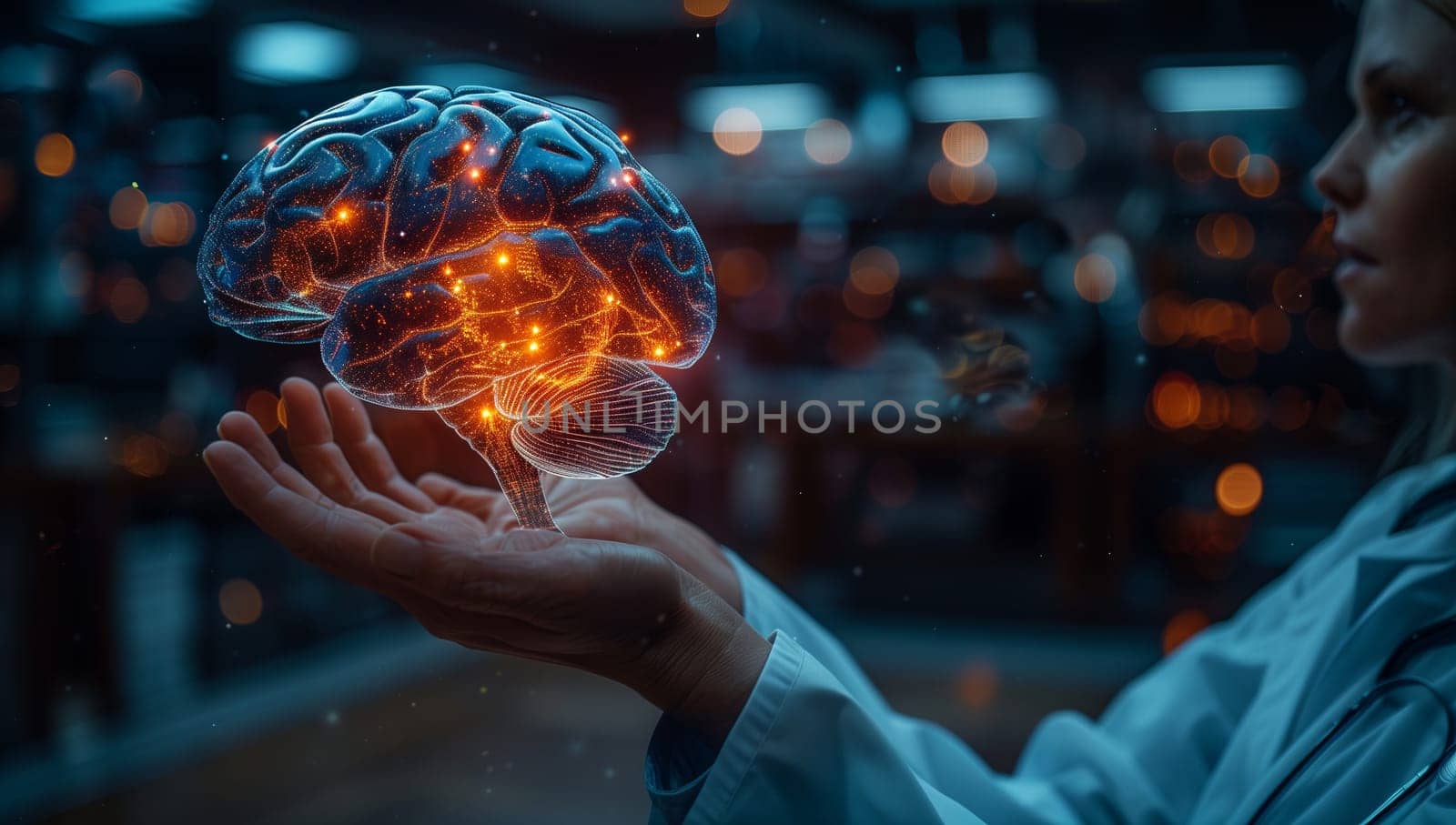 A woman holds a vibrant electric blue brain, symbolizing the connection between science and art, in an intriguing event merging knowledge and entertainment