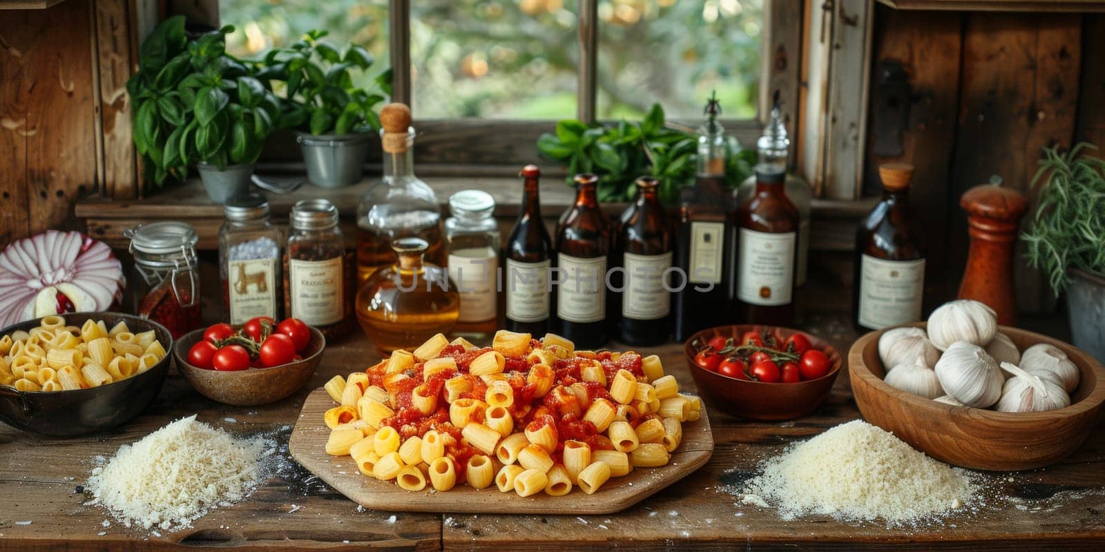 Classic Pasta on kitchen background. Diet and food concept