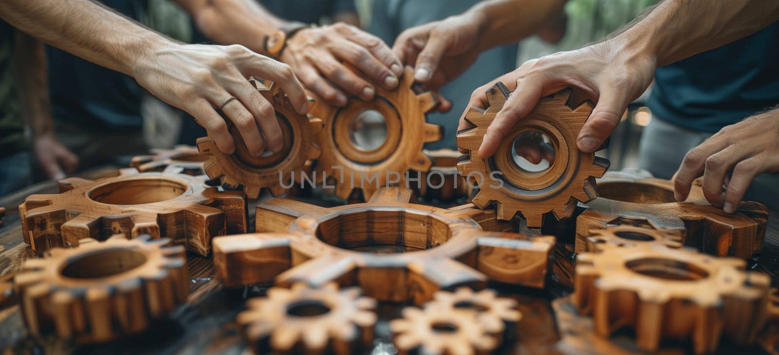 A group of individuals collaboratively assembling wooden gears on a table, showcasing intricate patterns and symmetrical designs, resembling a work of art