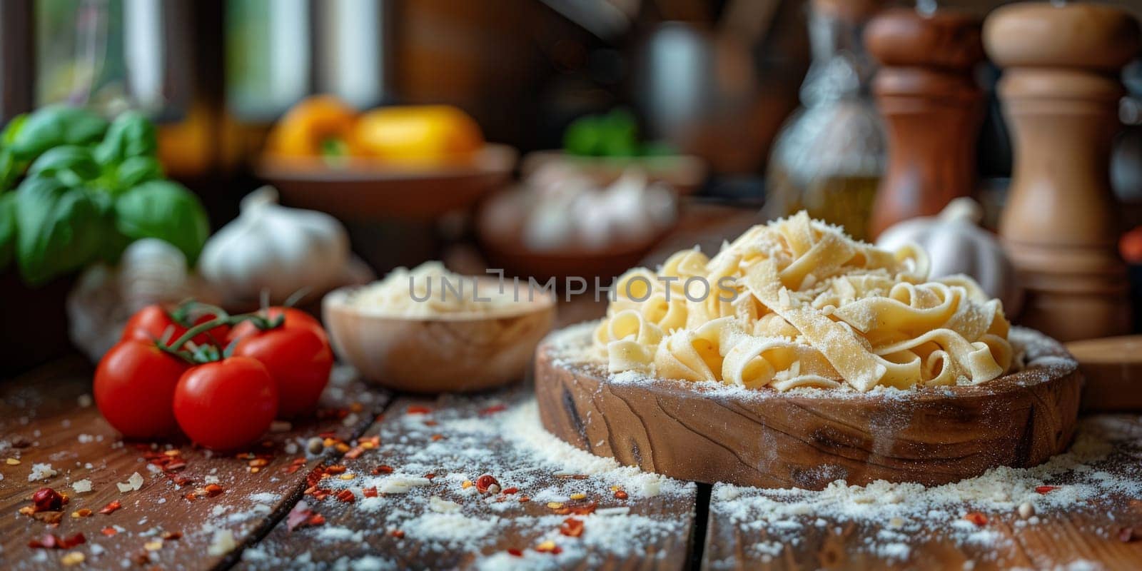 Classic Pasta on kitchen background. Diet and food concept