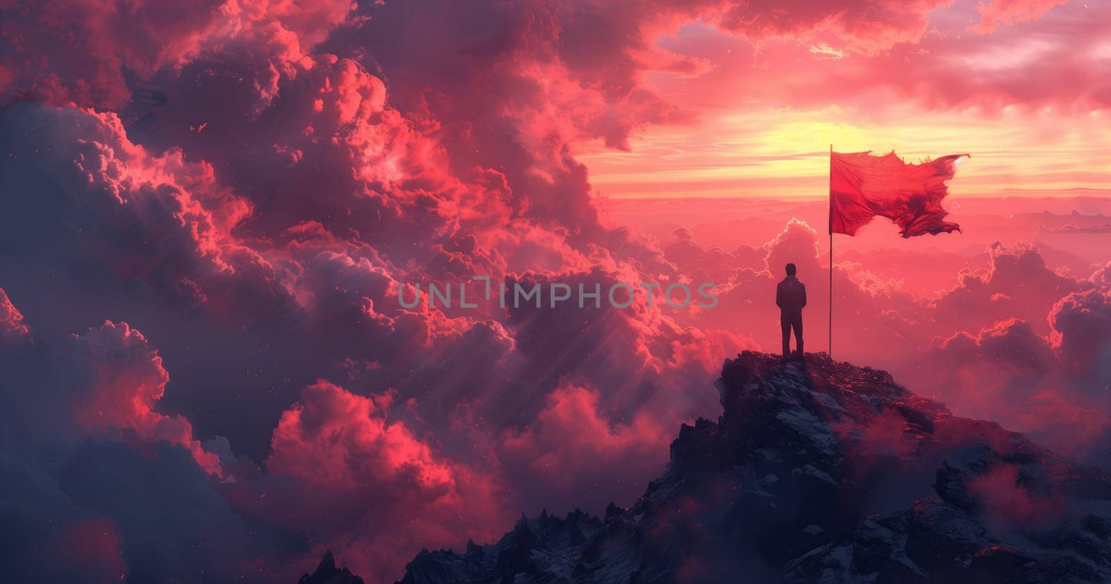 A man stands on a mountain peak at dusk, holding a red flag against the backdrop of a vibrant afterglow in the sky. The natural landscape in this ecoregion offers stunning sunrise views