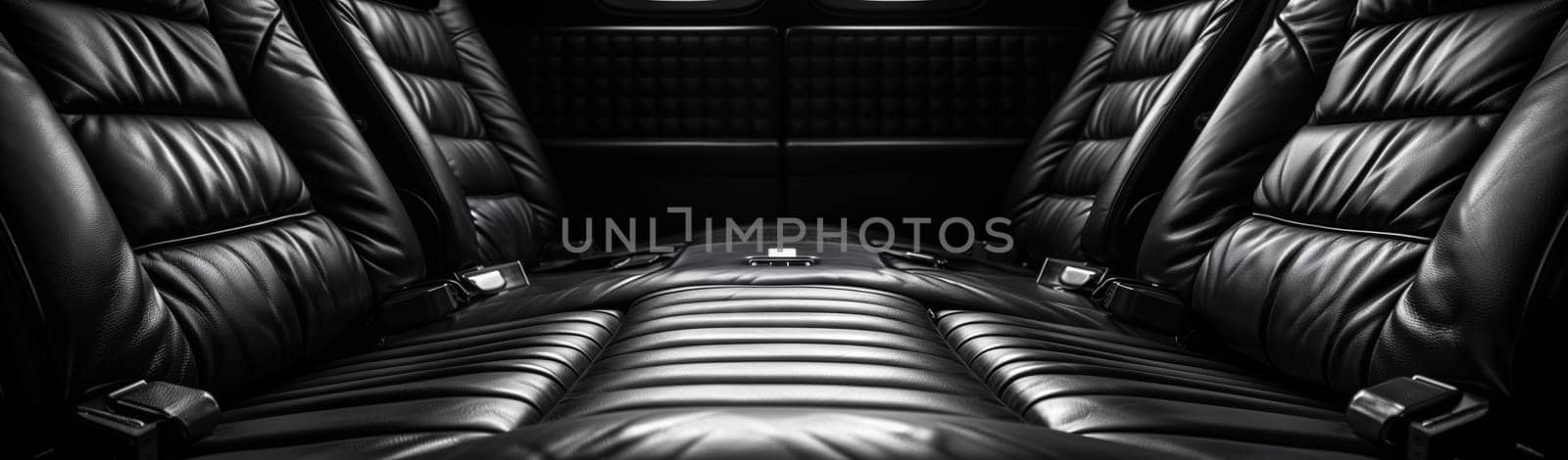 A monochromatic image showcasing the back seats of a car with flashes of light, dark wood, metal accents, tinted windows, and a symmetrical pattern