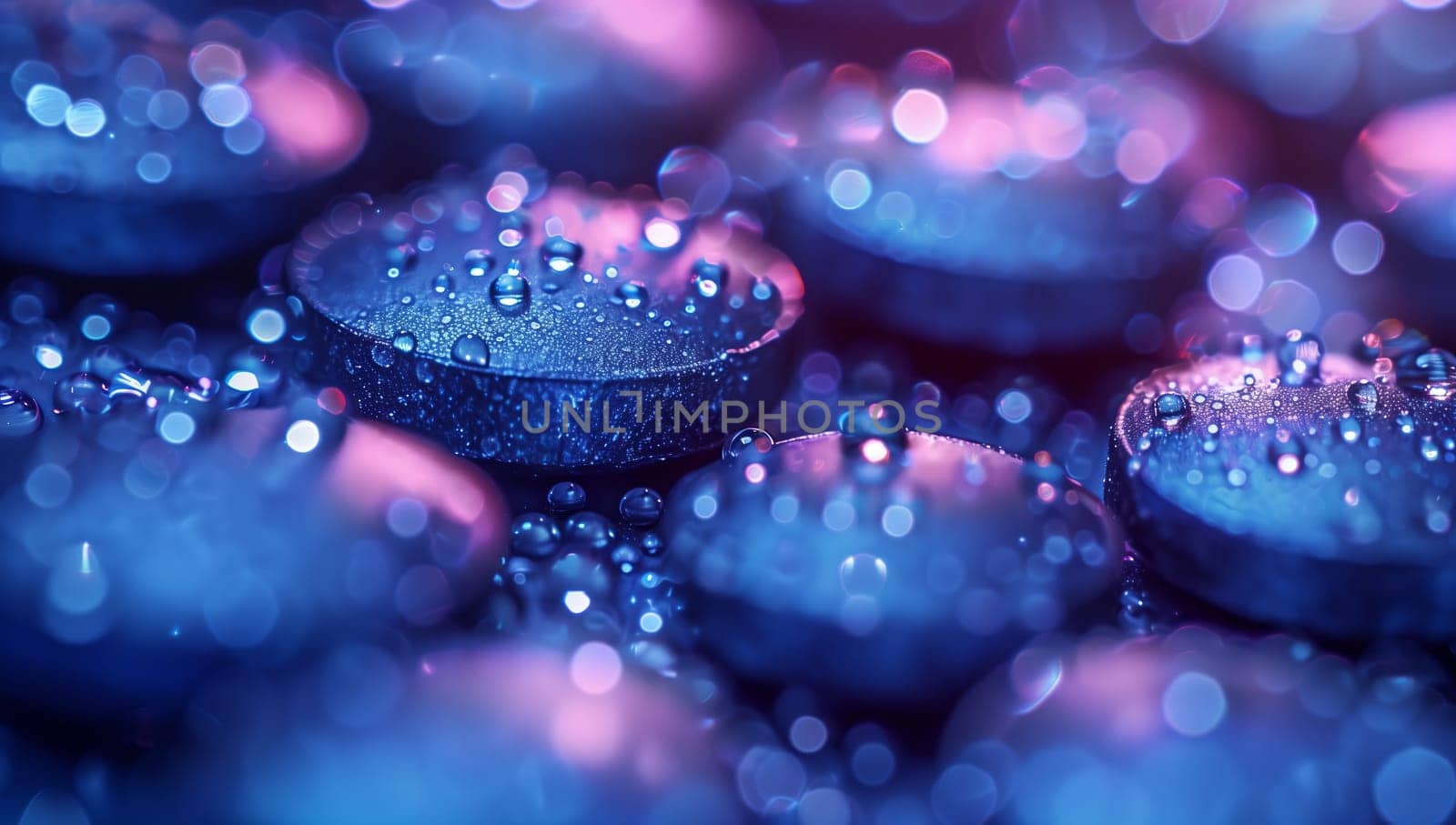 Macro photography close up of purple and electric blue rocks glistening with liquid drops, resembling tiny organisms on petallike formations