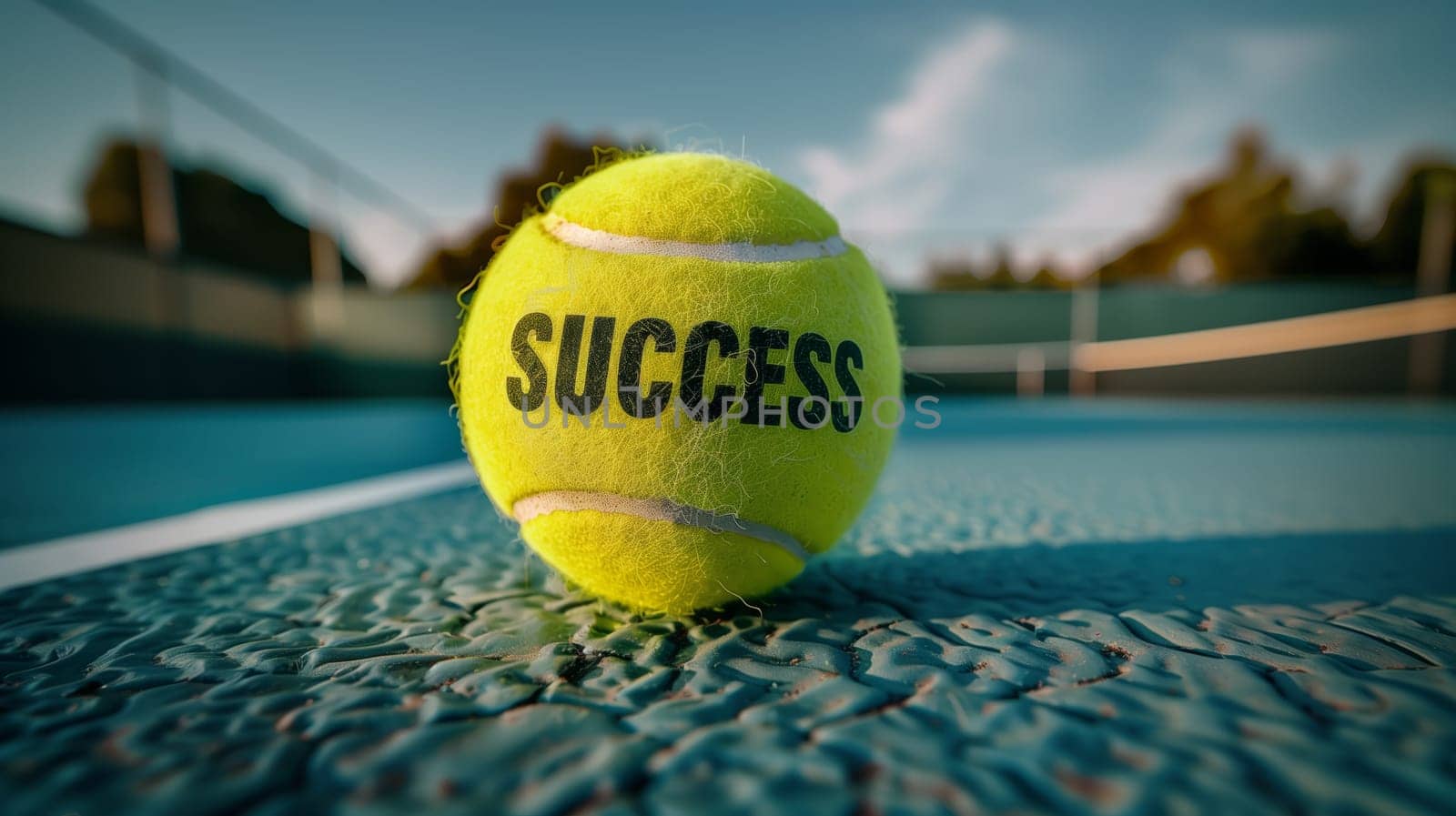 A tennis ball with the word success written on it sits on the grass court under the blue sky with fluffy clouds. The sports equipment stands out against the natural world backdrop