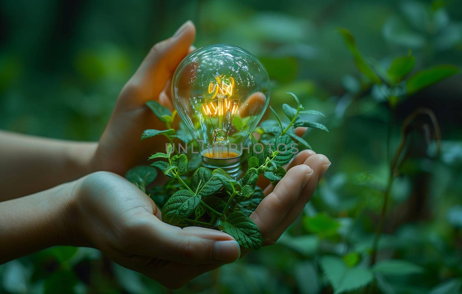 Person holding a light bulb with a plant inside, showcasing the beauty of terrestrial plants. This unique display combines nature and modern design, creating a miniature natural landscape