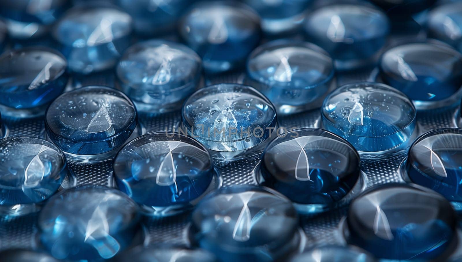 Electric blue glass beads in symmetrical patterns on a black surface, showcasing the transparency and fluidity of the liquidlike material. Fashion accessory with metal accents