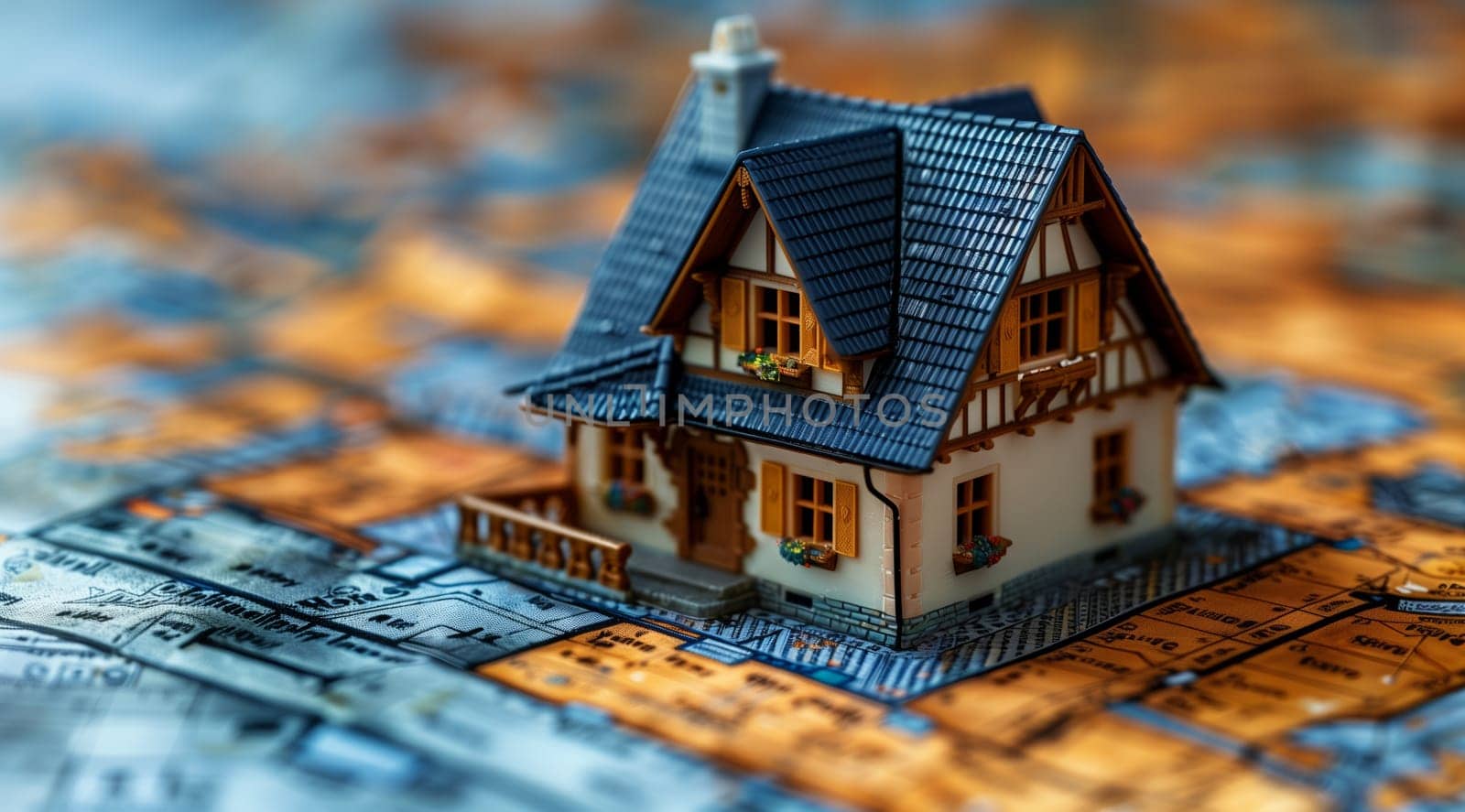 A miniature building model is placed on a puzzle, showcasing intricate details of the houses facade, roof, windows, and landscape against a backdrop of sky and urban design