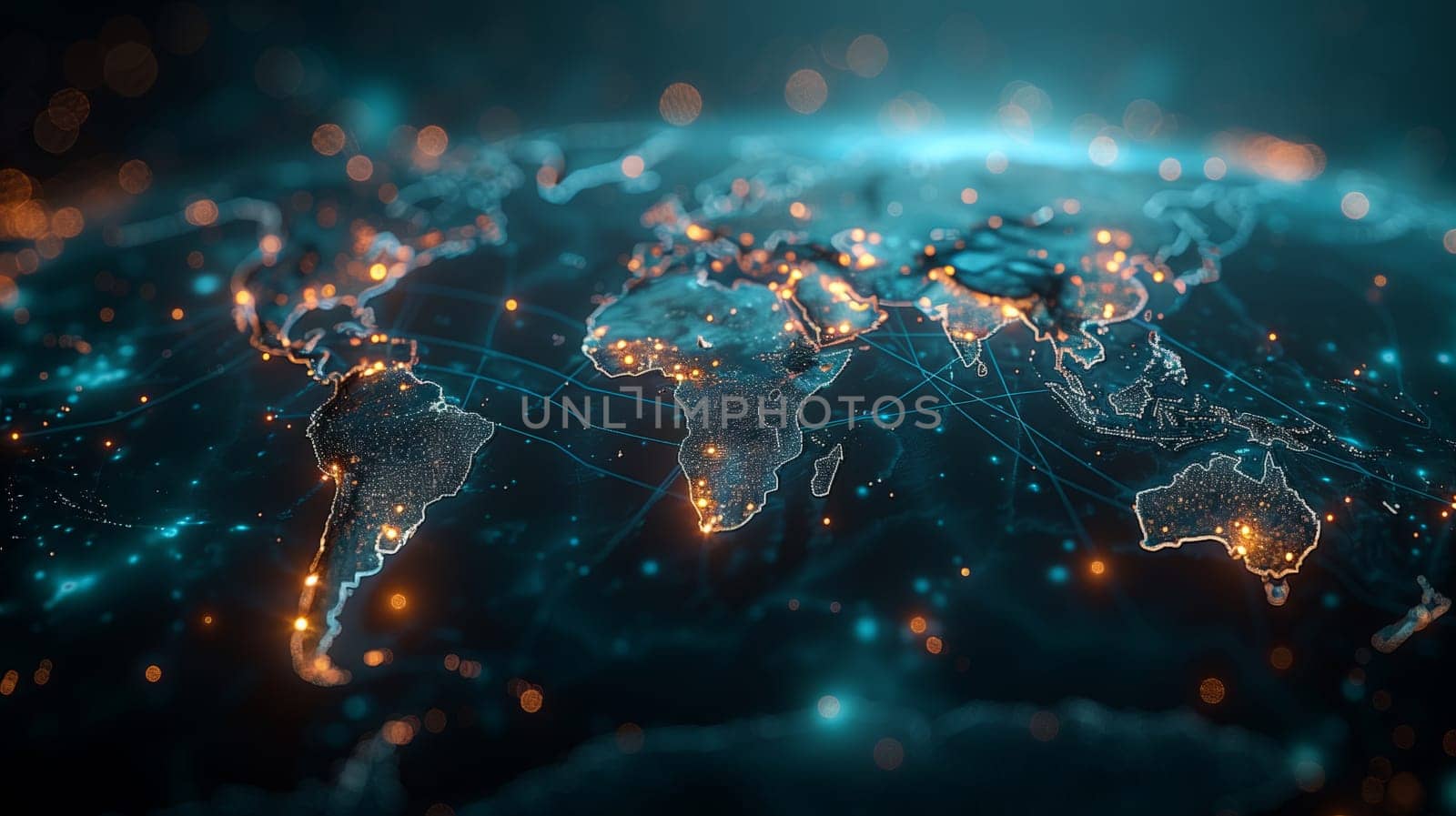 A map of the world illuminated with countless lights under the electric blue sky, showcasing the beauty of our planet from a space perspective