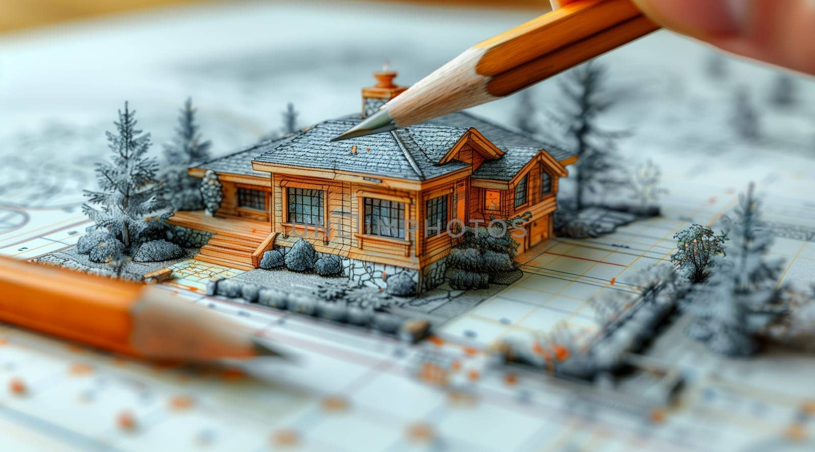 The person is using pencils to draw a model house with details like wood, plants, and vehicles. Their fingers carefully sketch the watercraft and asphalt, adding artistic touches with every stroke