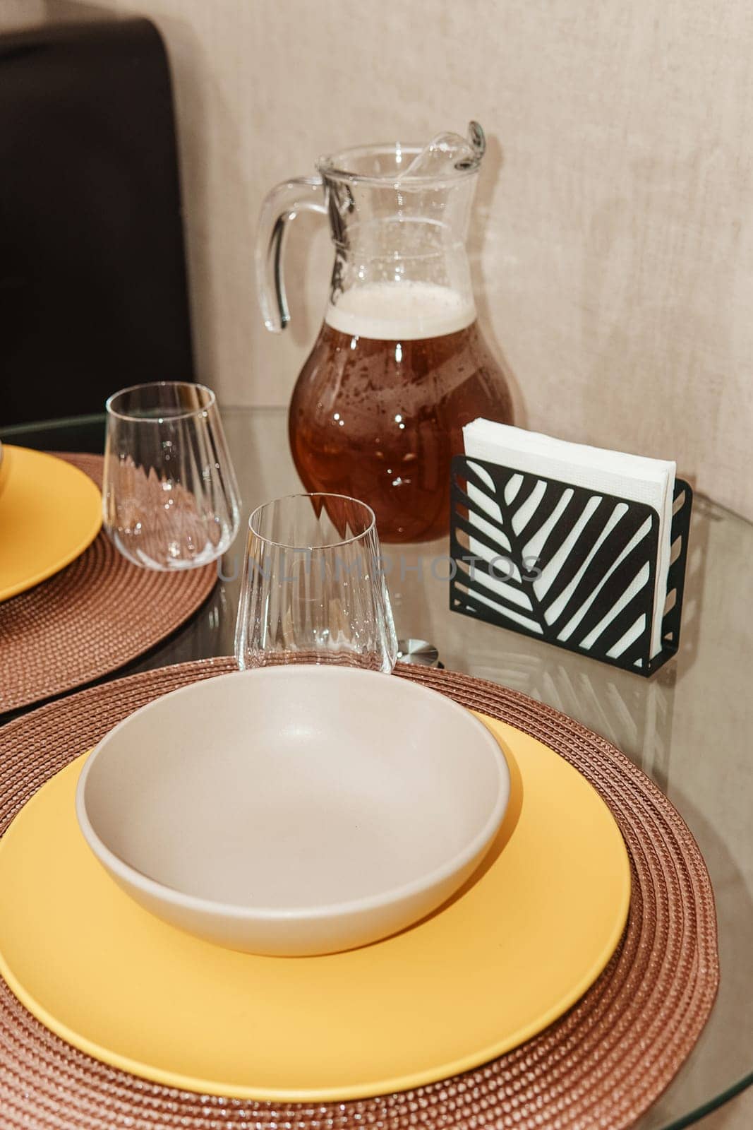 Kitchen table setting, kitchen interior details in natural tones