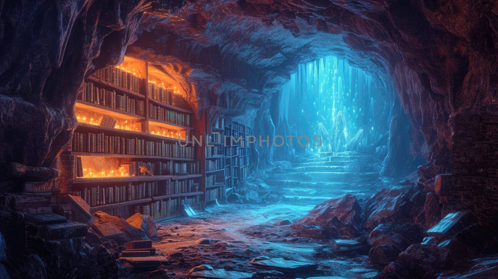 An ancient library filled with magical books, glowing orbs. Resplendent. by biancoblue