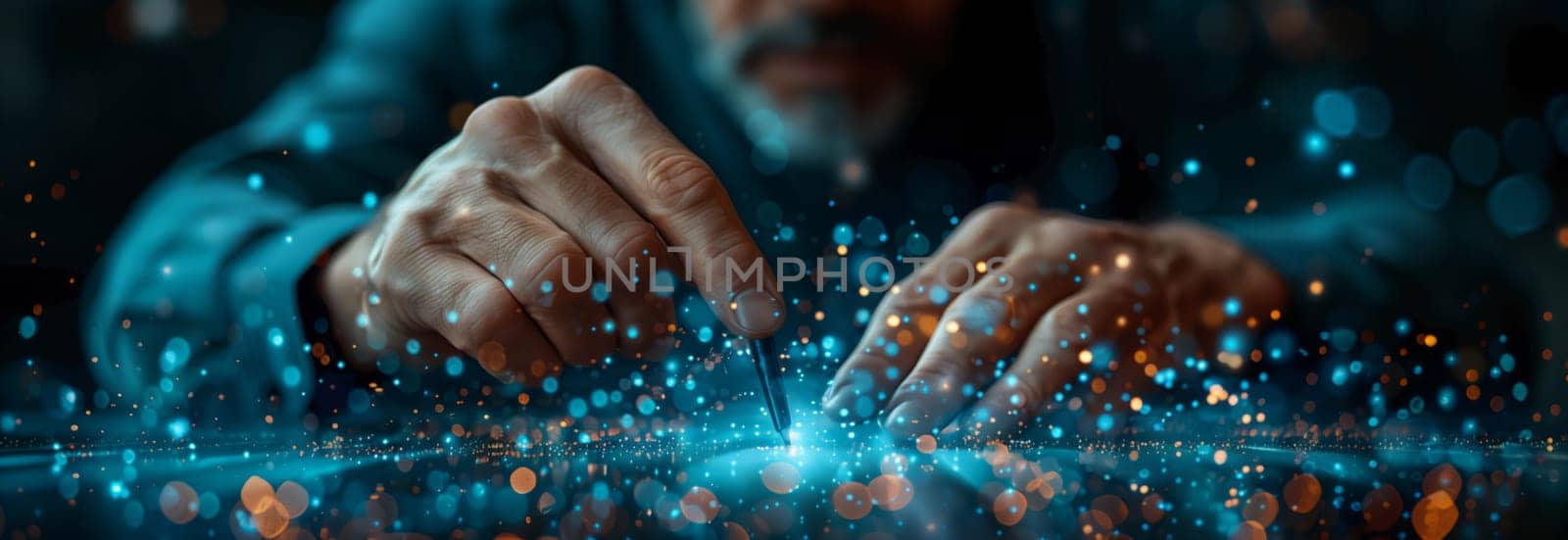 A close up photo capturing a mans hands typing on a computer keyboard, with electric blue LEDlit keys creating a mesmerizing pattern in the darkness