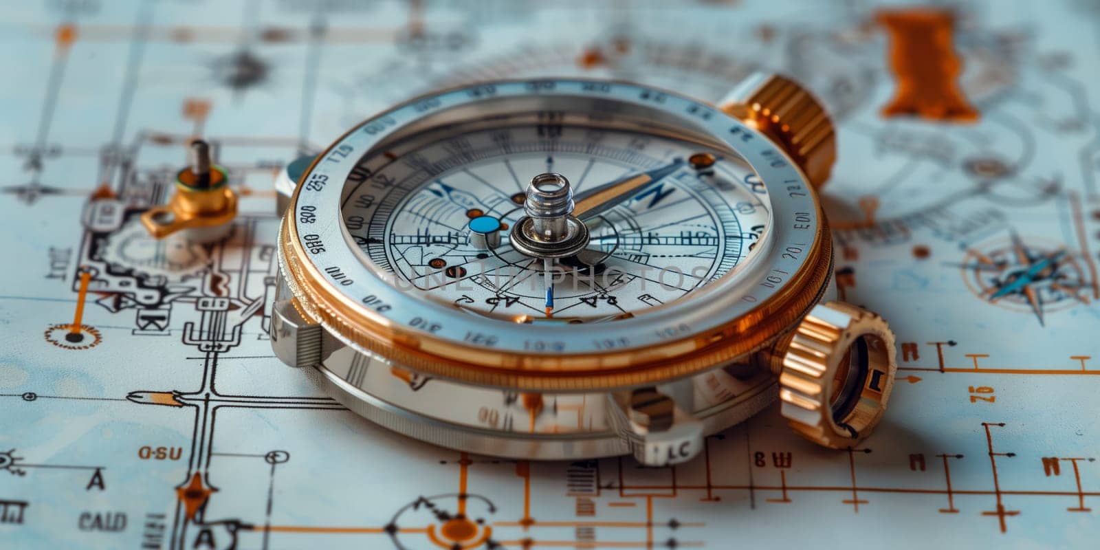 An analog watch, resembling a compass, rests gracefully on a map, blending engineering precision with fashion accessory elegance in a landscape of metal and font