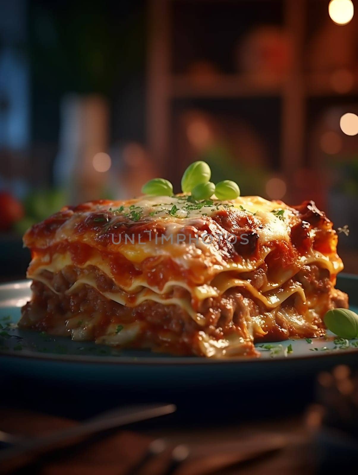 A delicious layered lasagna garnished with fresh herbs on a plate.