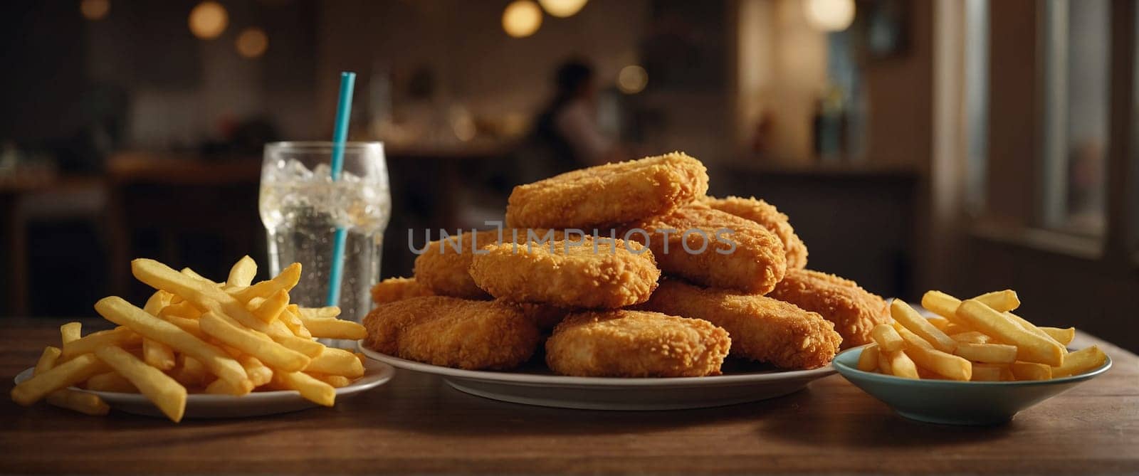 A fast-food dinner at home with a burger, fries, chicken nuggets and a soda, wide horizontal aspect ratio, blurred sunny background with bokeh effec AI generated