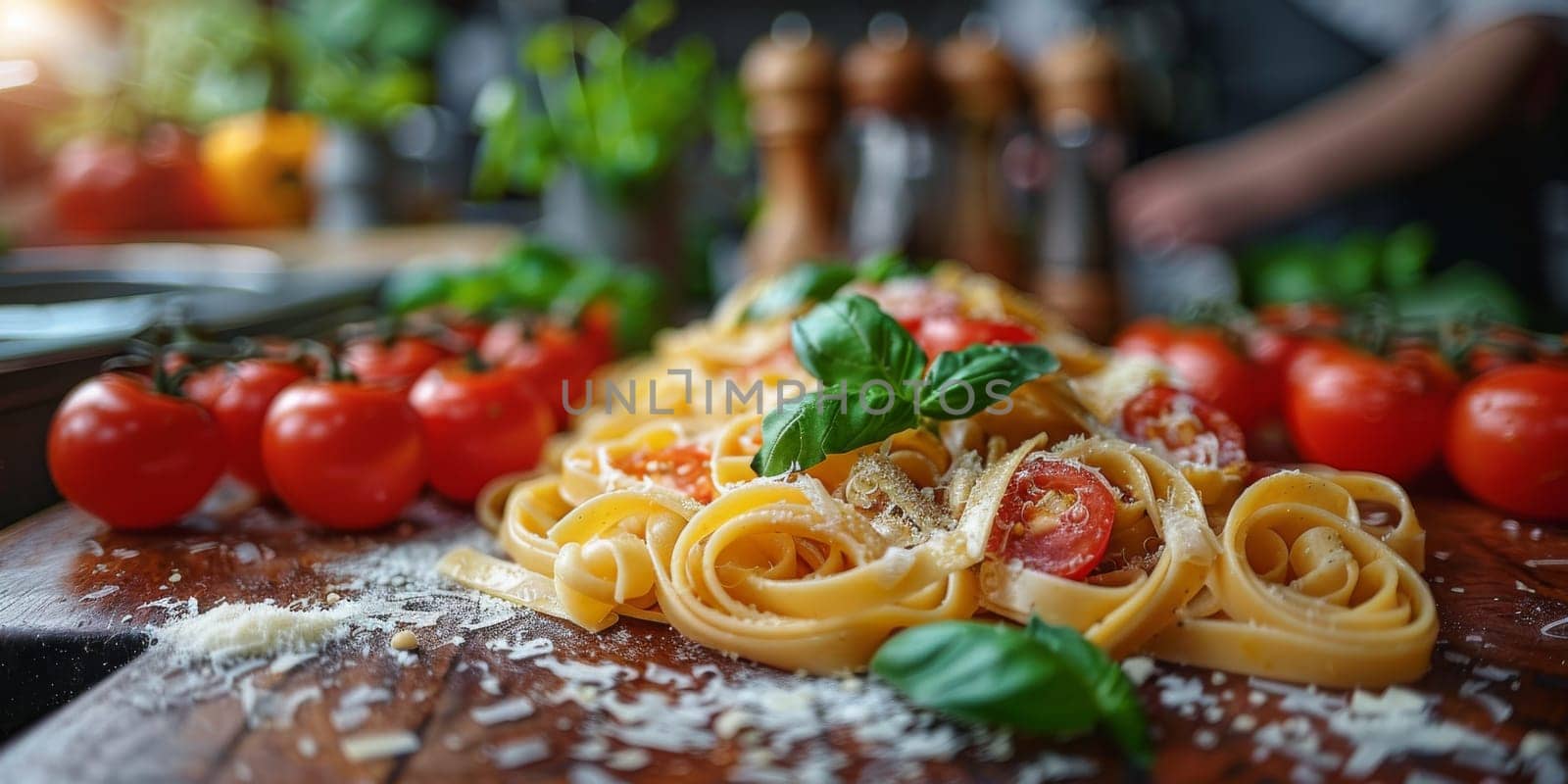 Classic Pasta on kitchen background. Diet and food concept