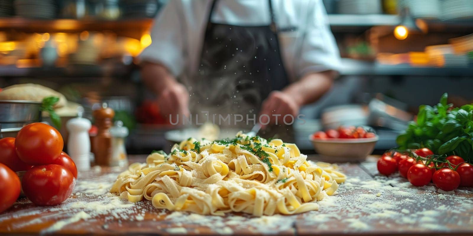 Classic Pasta on kitchen background. Diet and food concept