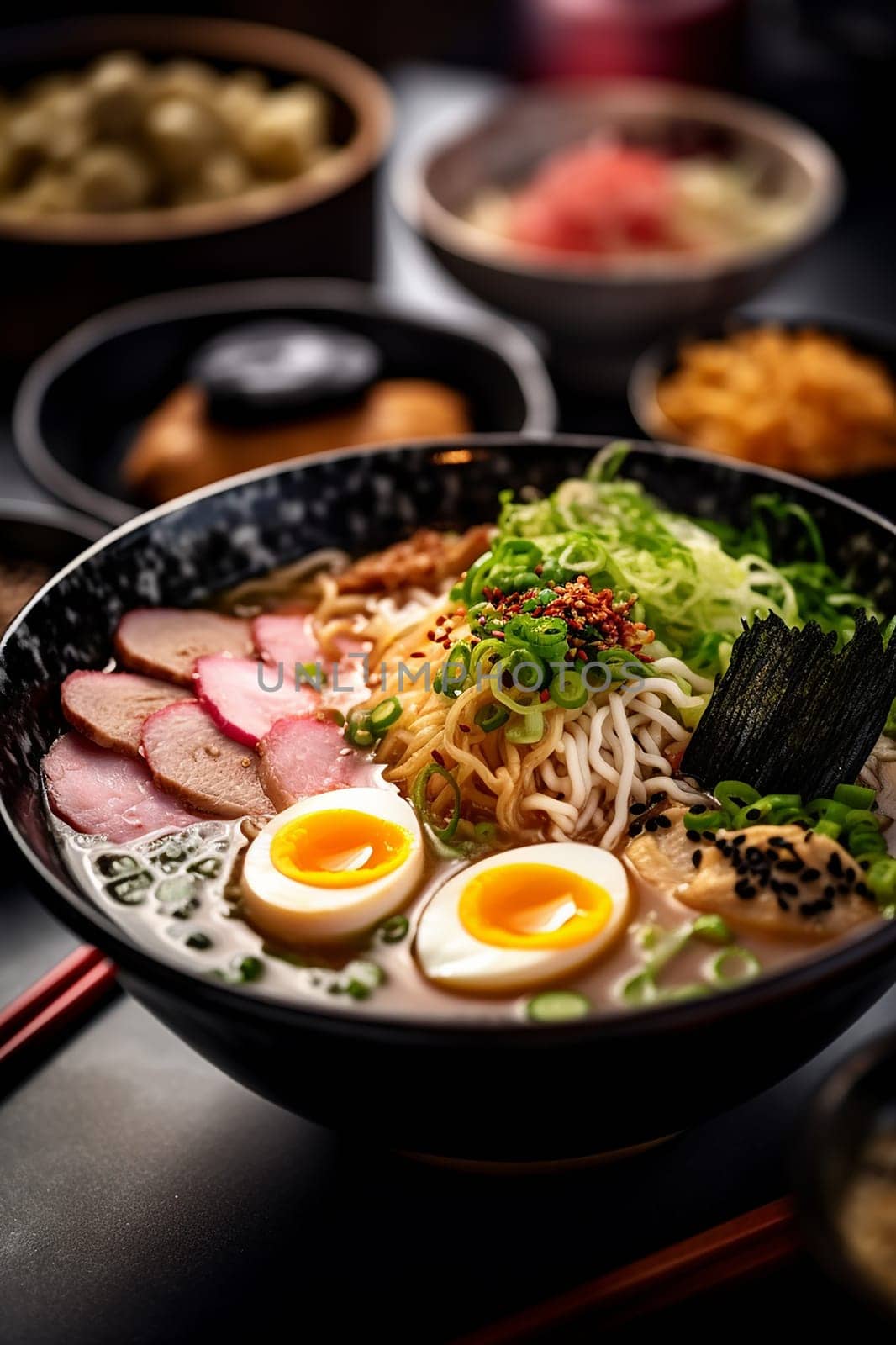 A bowl of ramen with eggs, meat, and vegetables.