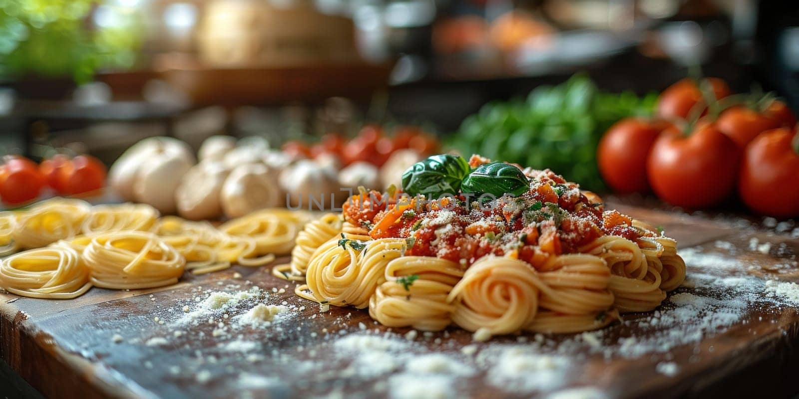 Classic Pasta on kitchen background. Diet and food concept