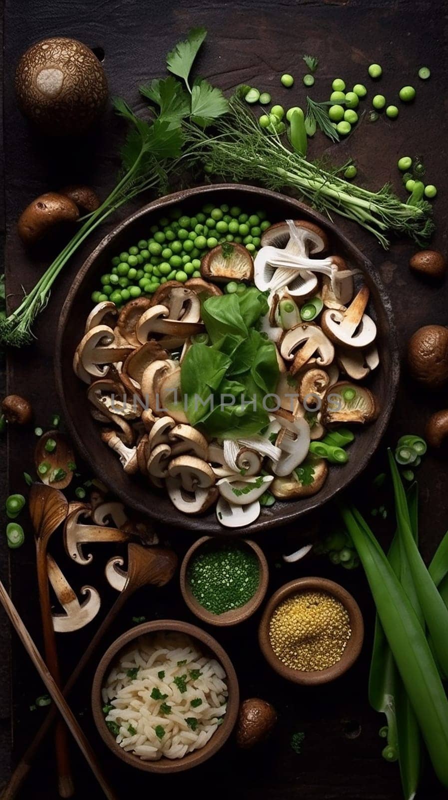 Assorted fresh vegetables and herbs arranged artfully on a dark background.