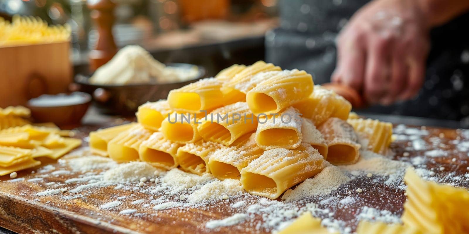 Classic Pasta on kitchen background. Diet and food concept