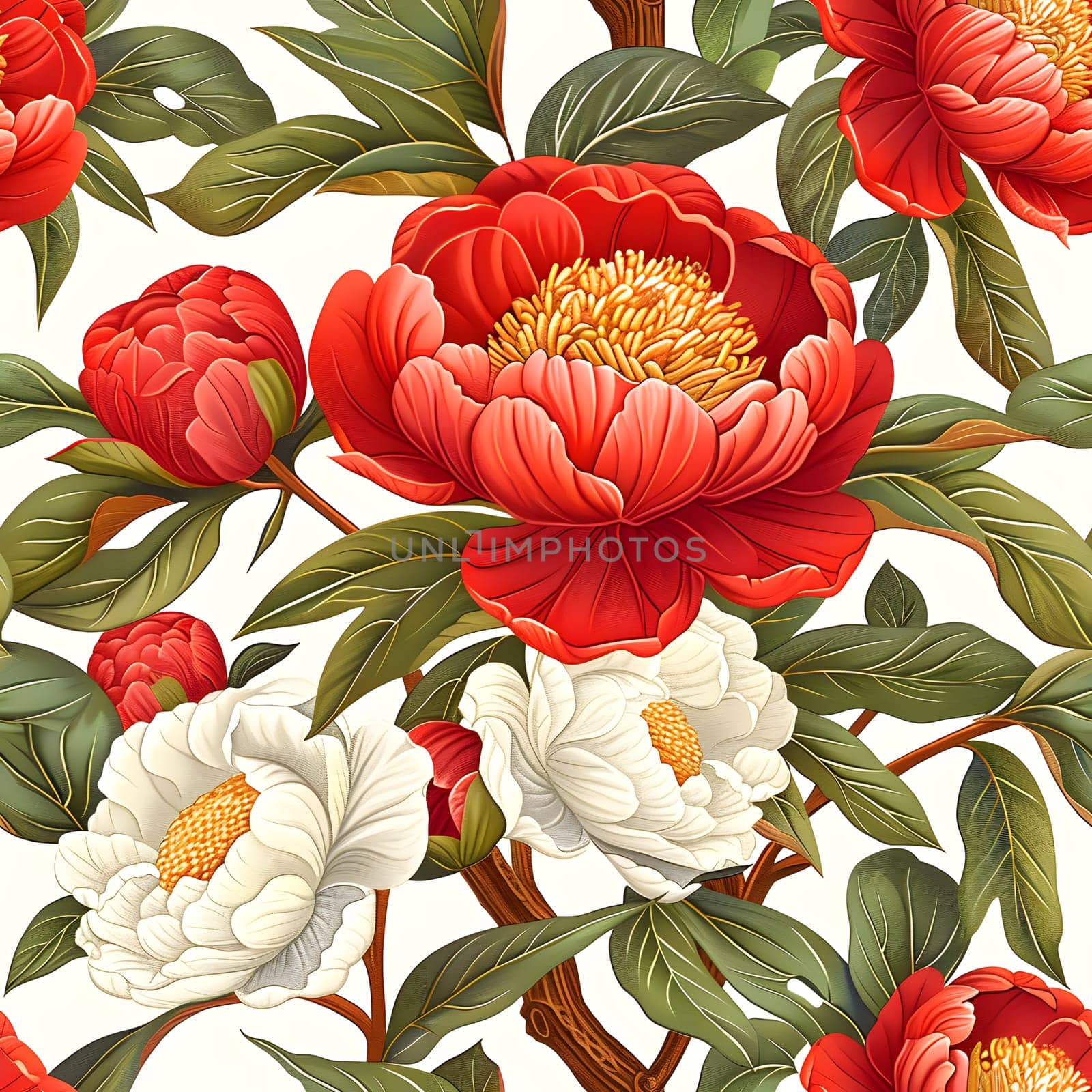 Beautiful red and white flowers with green leaves depicted on a white background. This botanical illustration features intricate details of a flowering plant, perfect for a painting or textile art