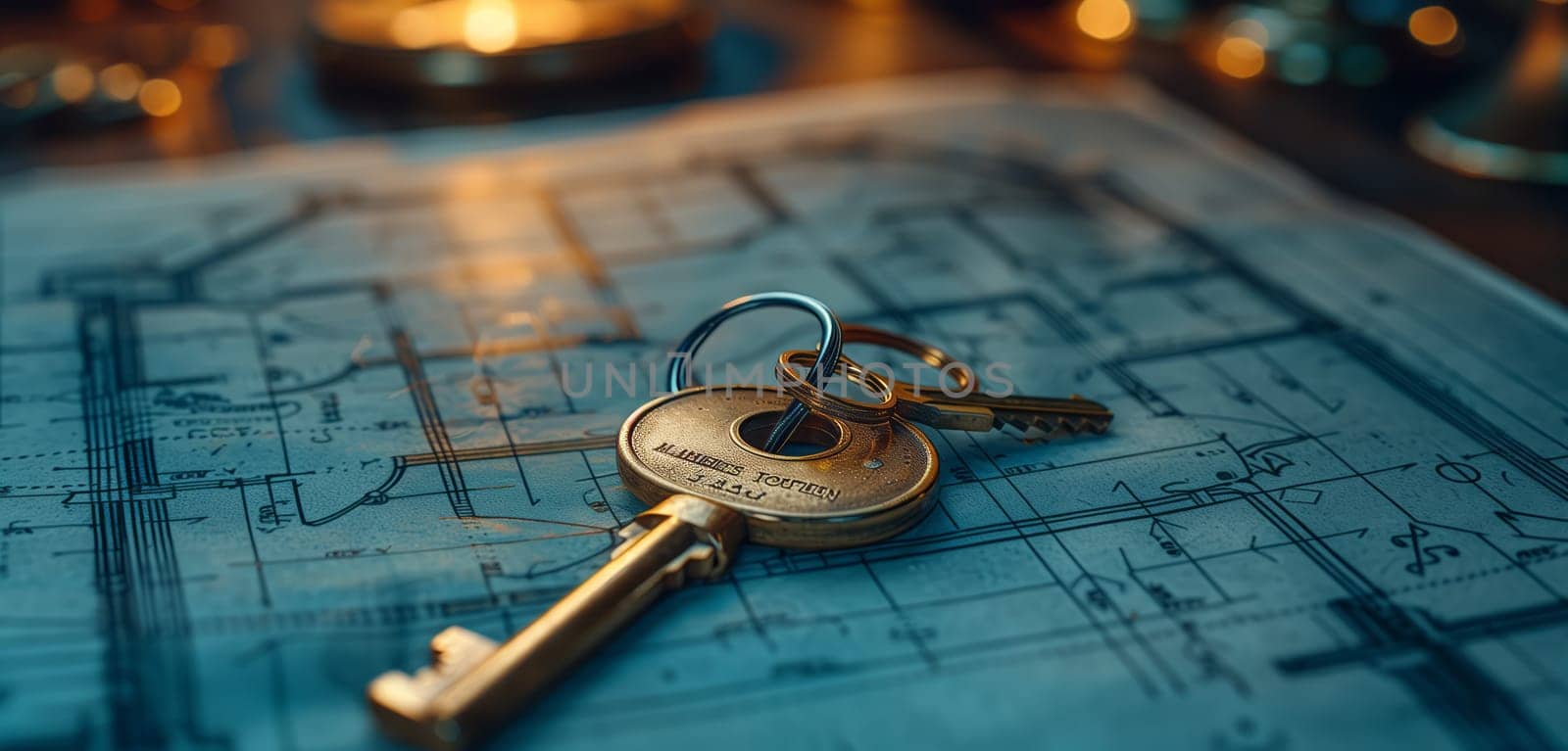 A close up shot of a shiny metal key placed on top of an electric blue blueprint, reflecting the font with musical instruments and eyewear in the background