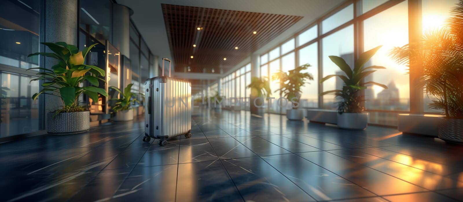 A long hallway in a building with windows, plants, and hardwood flooring by richwolf