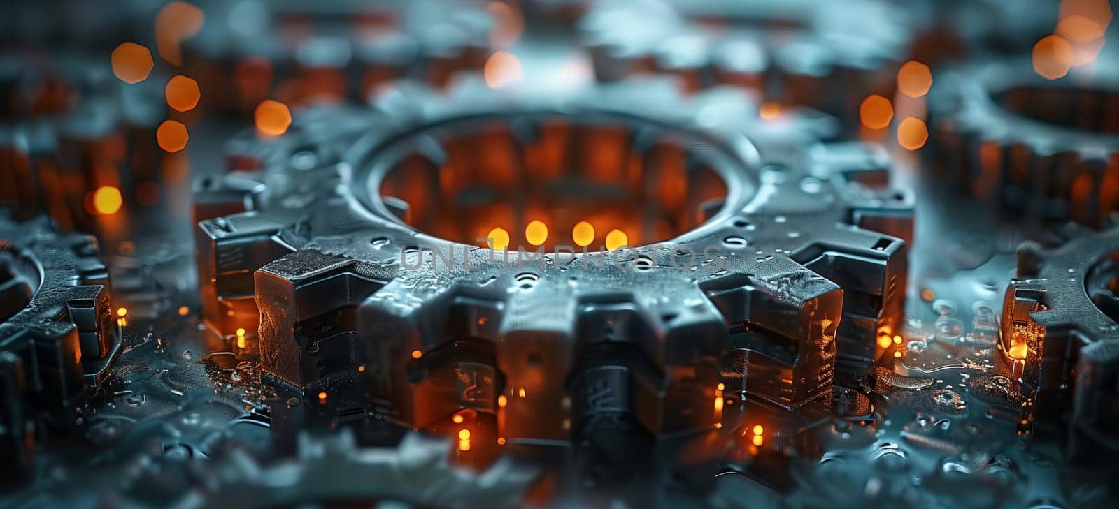 Closeup shot of a glowing gear surrounded by electric blue lights by richwolf