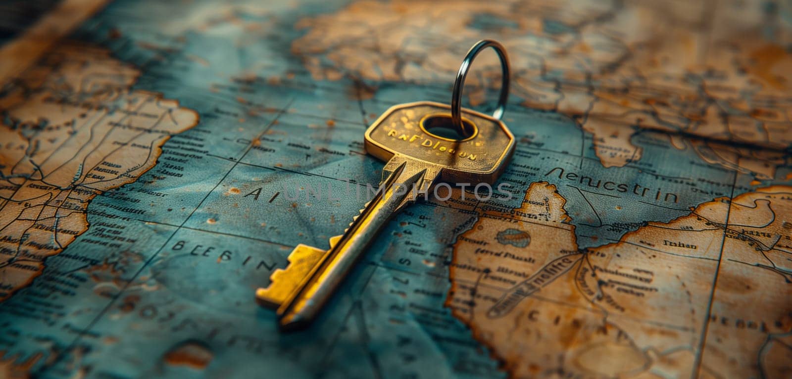 A key is resting on a vintage map surrounded by waterthemed art, folk jewelry, and string instruments such as a musical instrument and plucked string instruments