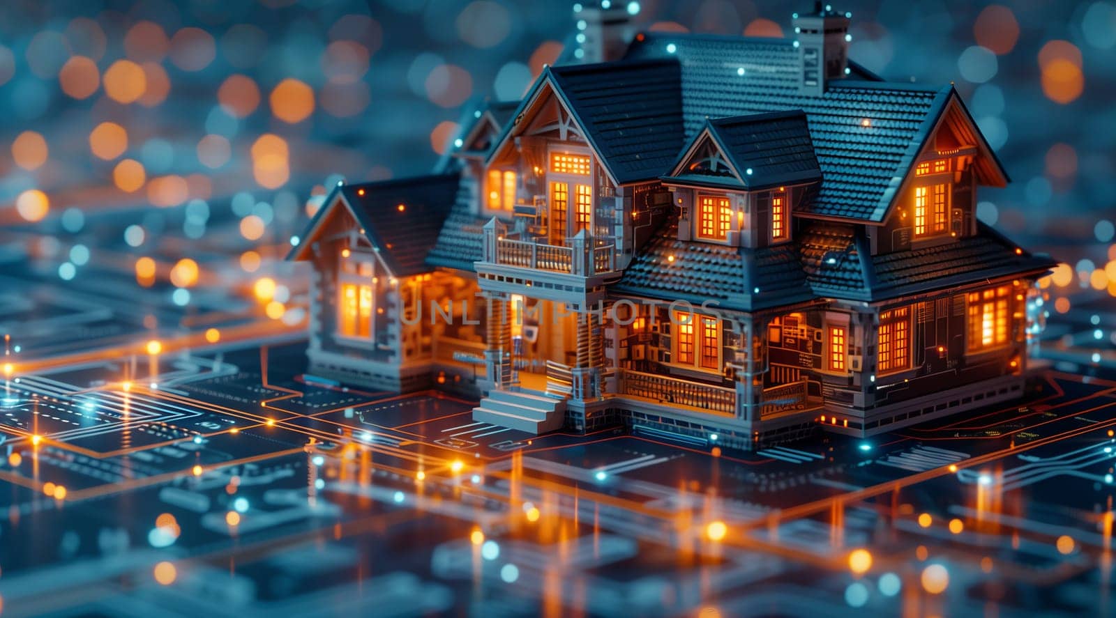 A model of a house with electric blue lights on its facade is placed on a table, creating a miniature cityscape in a winter landscape
