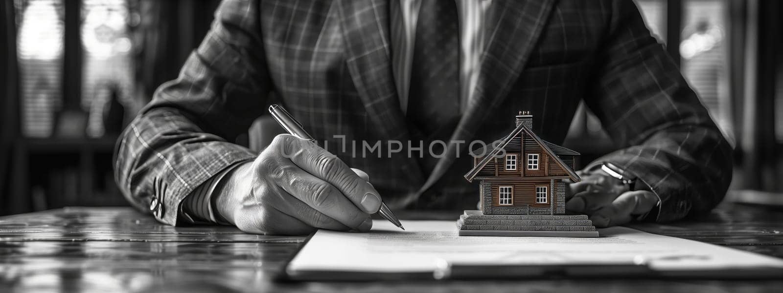 A stylish man in a blackandwhite suit and tie is seated at a wooden table, elegantly signing a document. The monochrome scene captures a classic and sophisticated aesthetic