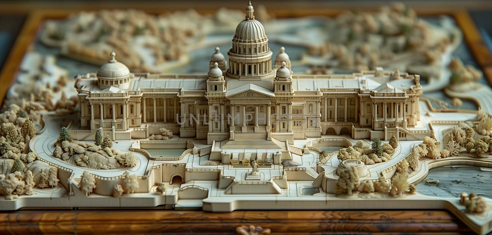 An intricate model of the Capitol Building, an iconic tourist attraction, is displayed on a wooden table, showcasing medieval architecture and history