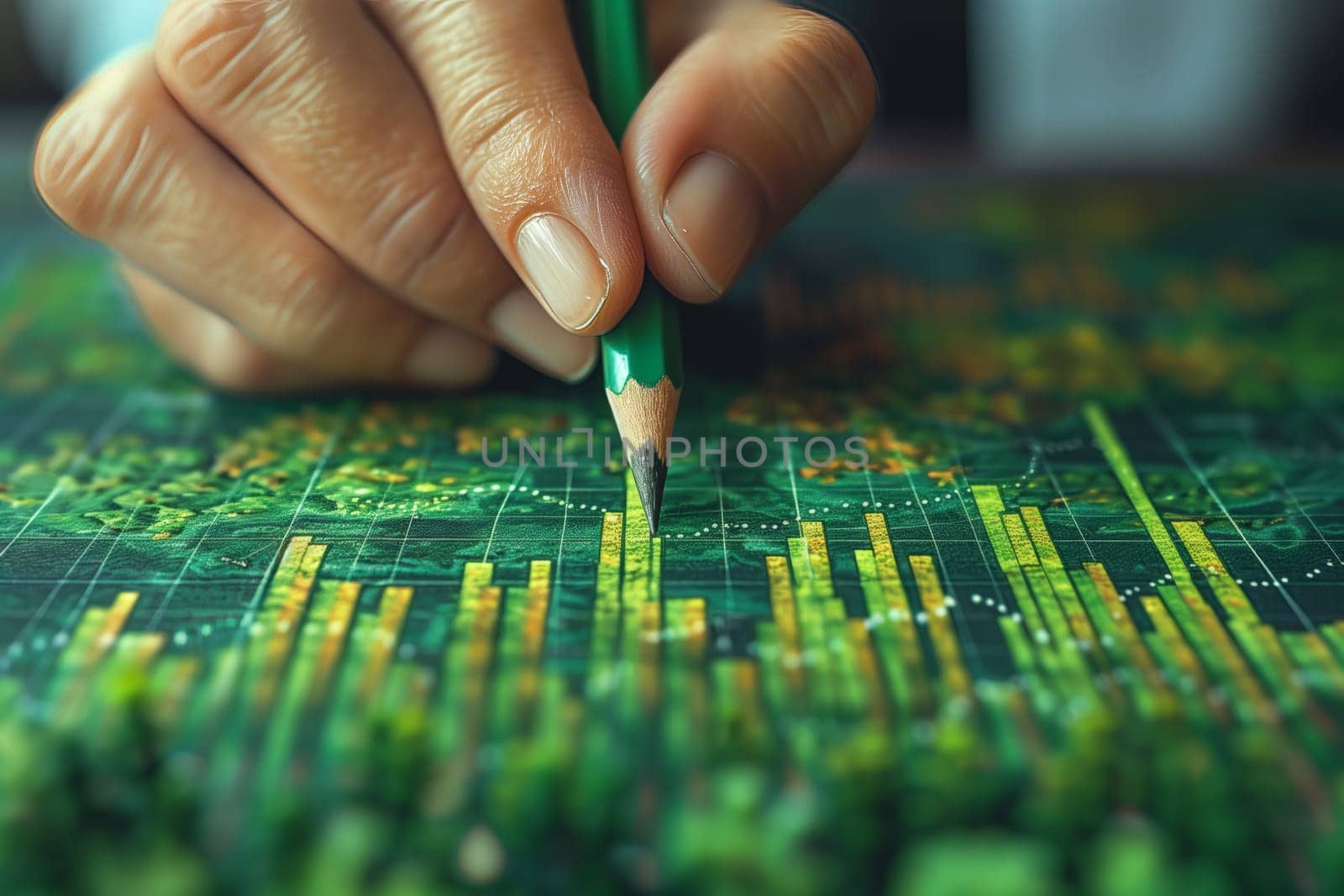 A person is making a gesture on a map using their finger and thumb to draw a graph with a pencil. The soft grass and trees create a peaceful atmosphere for their artistic recreation