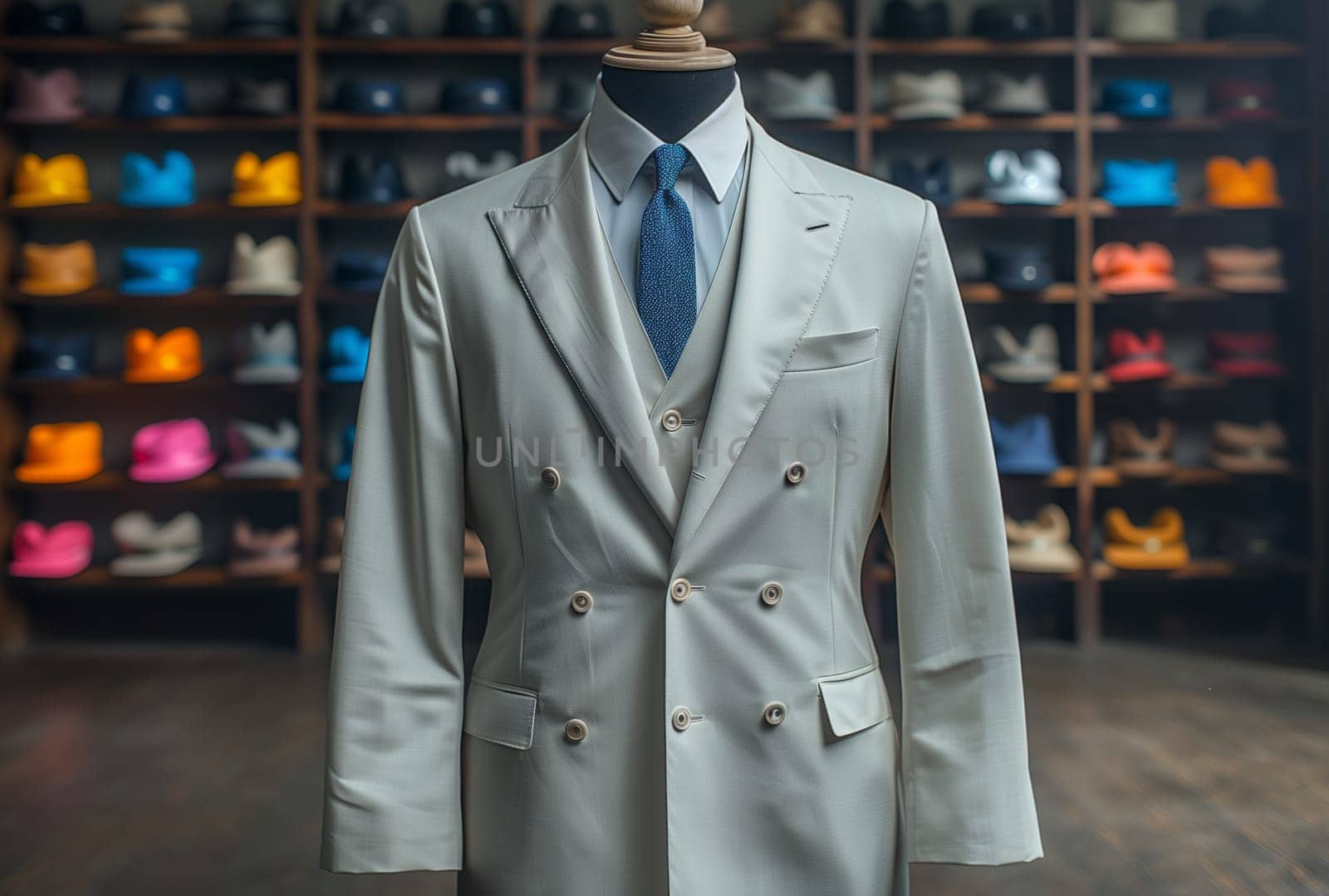 A white suit with tie displayed on a mannequin in the outerwear section of the store, featuring a dress shirt, coat, and hat on the shelf