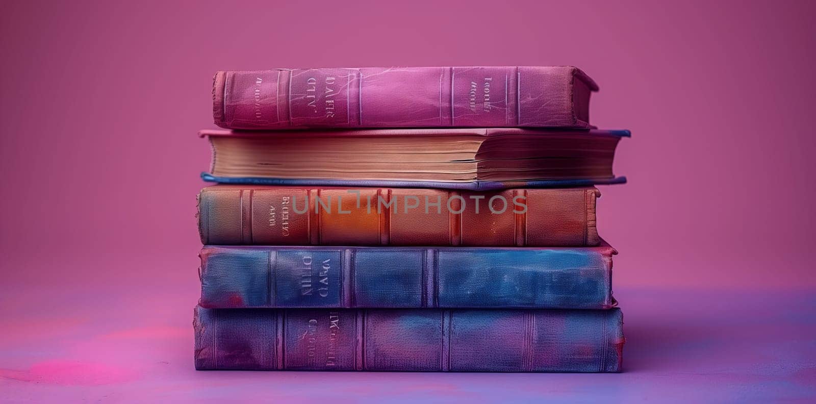 A stack of books in a variety of colors such as violet, magenta and electric blue, sitting on a wood surface against a purple background