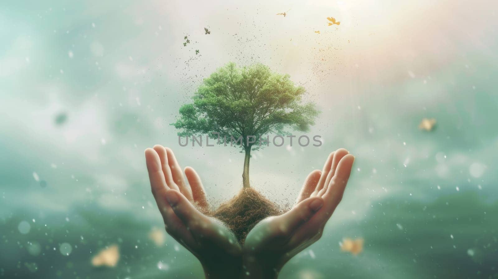 Conceptual image of a tree flourishing from soil held in human hands, symbolizing growth and environmental care. AIG41
