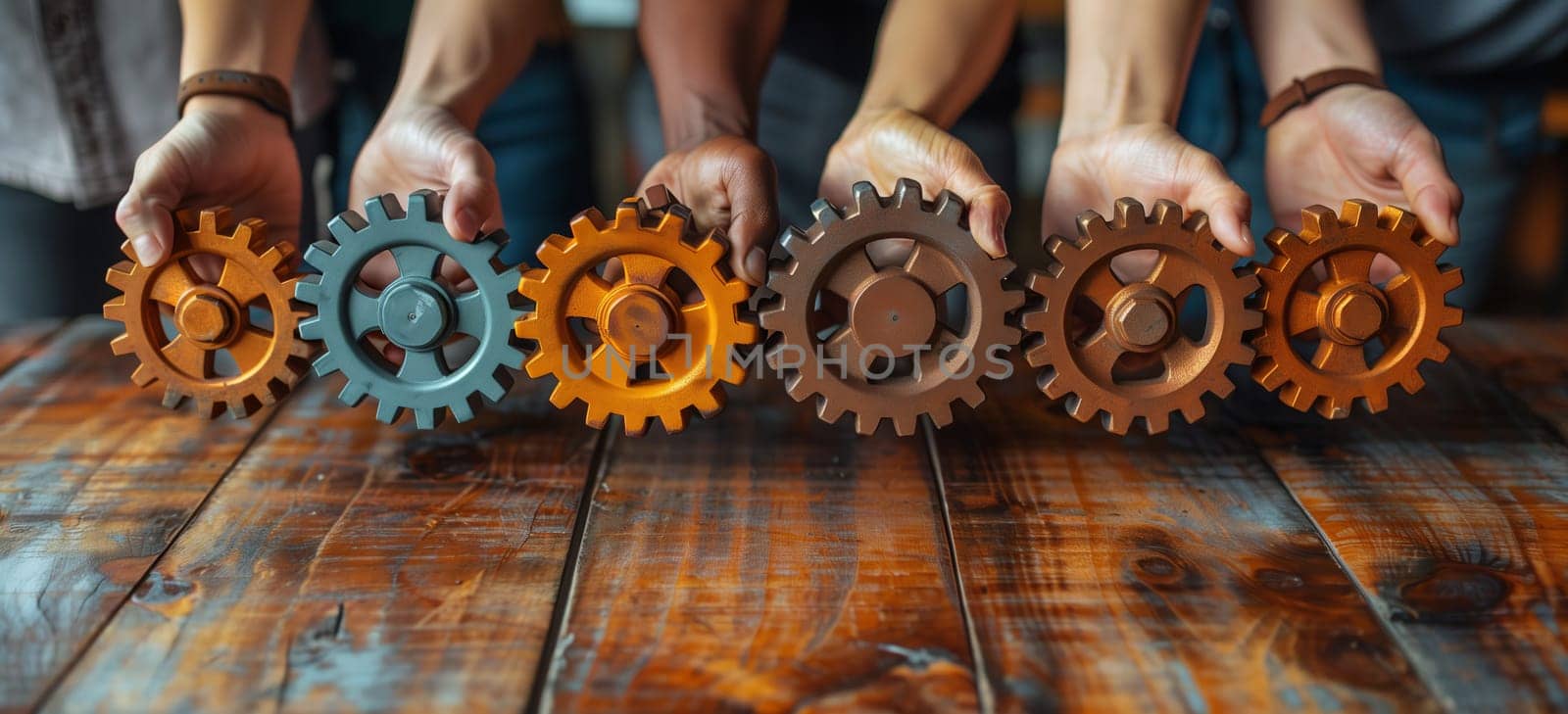 A group of people are gathered around a wooden table, holding gears used for automotive wheels and rims. The table is also decorated with bicycle parts and auto parts