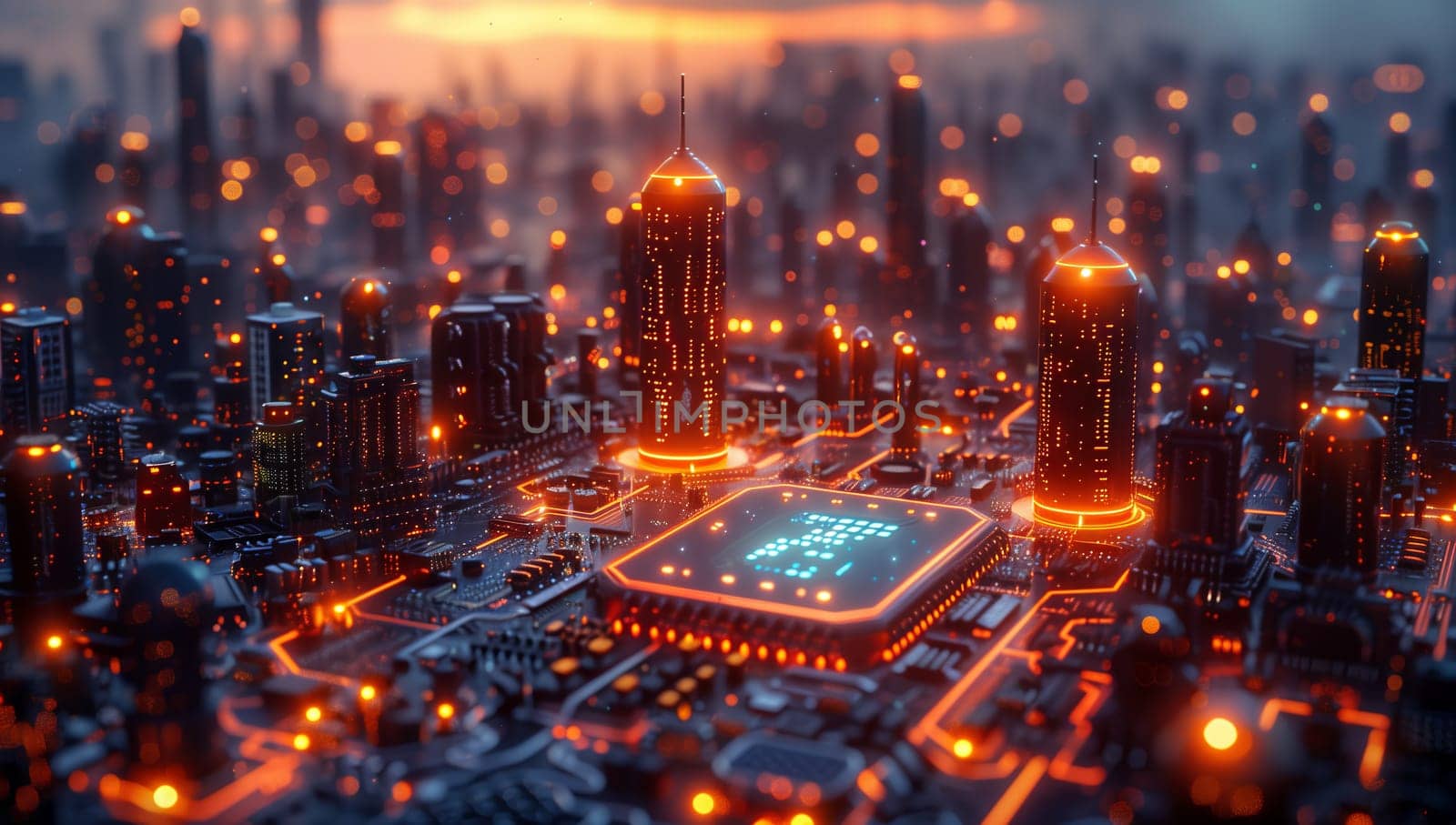 A breathtaking aerial view of a futuristic metropolis with a central CPU building, surrounded by a stunning urban landscape and cityscape