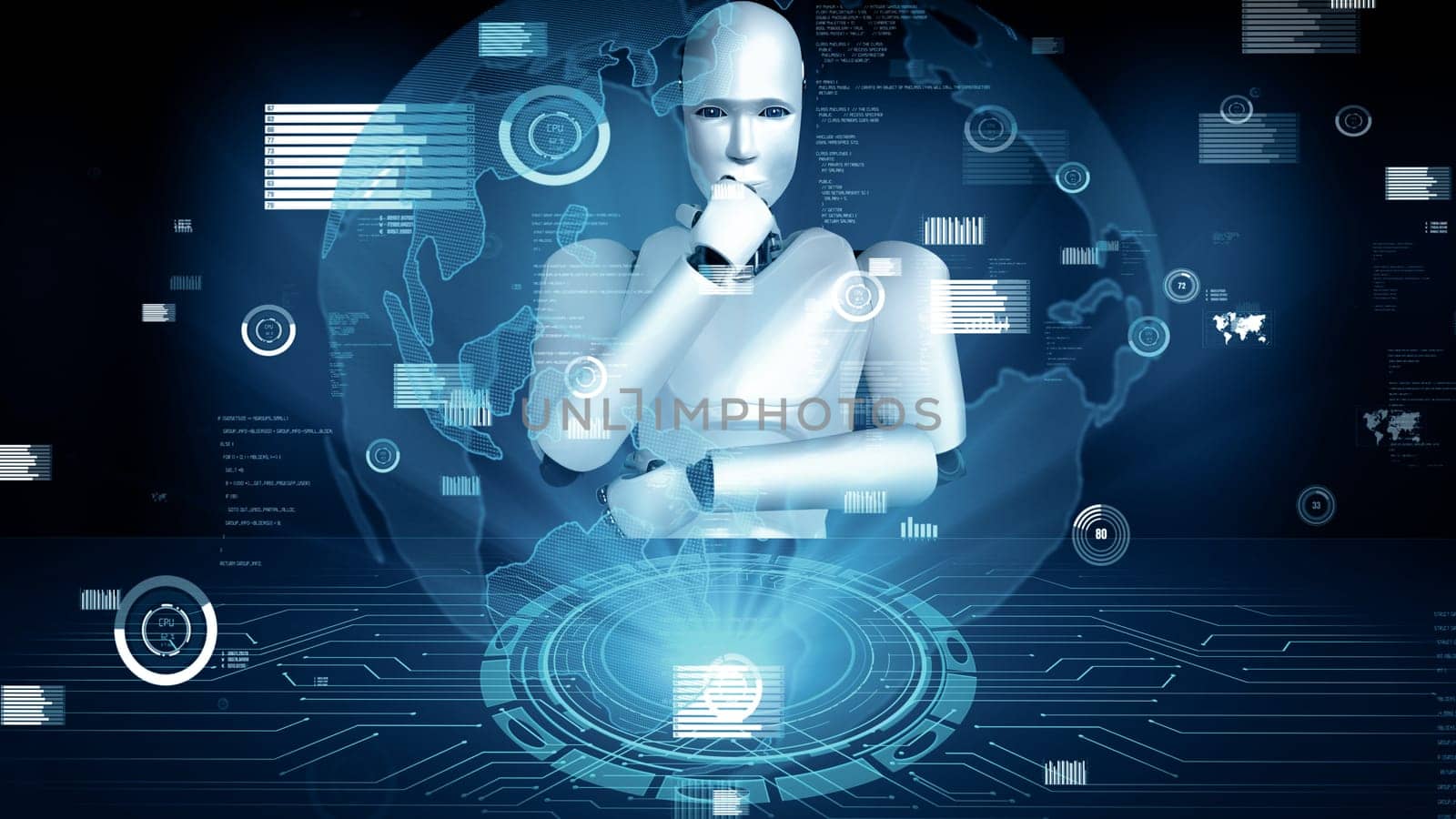 XAI 3d illustration Future financial technology controll by AI robot huminoid uses machine learning and artificial intelligence to analyze business data and give advice on investment and trading decision. 3D rendering.