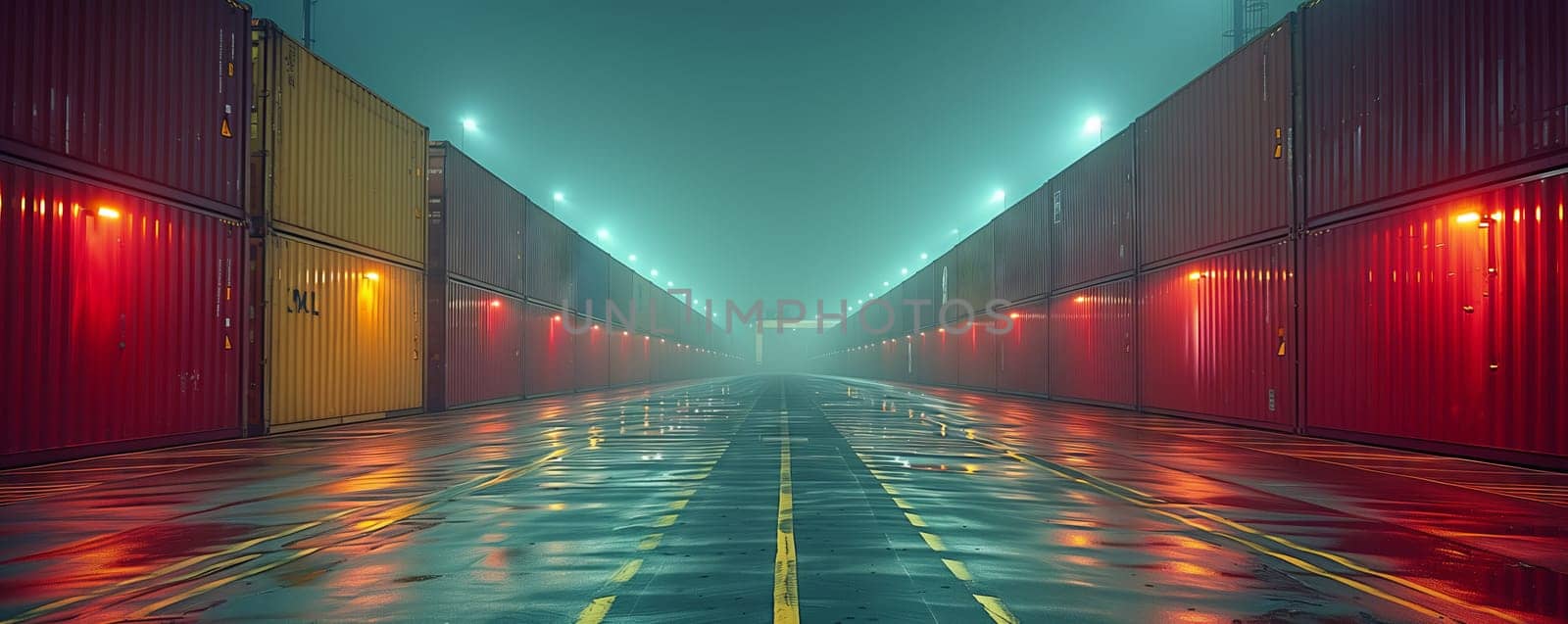 A row of shipping containers in a warehouse creates a symmetrical pattern on a foggy day, highlighted by the electric blue display devices on the road