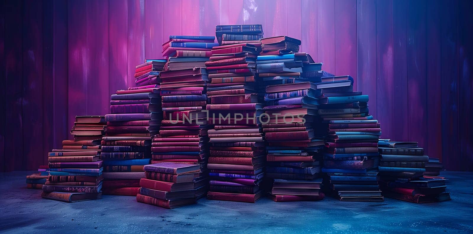 A stack of books in various shades of purple and pink creating a colorful display in a dimly lit room, resembling a piece of art in the darkness