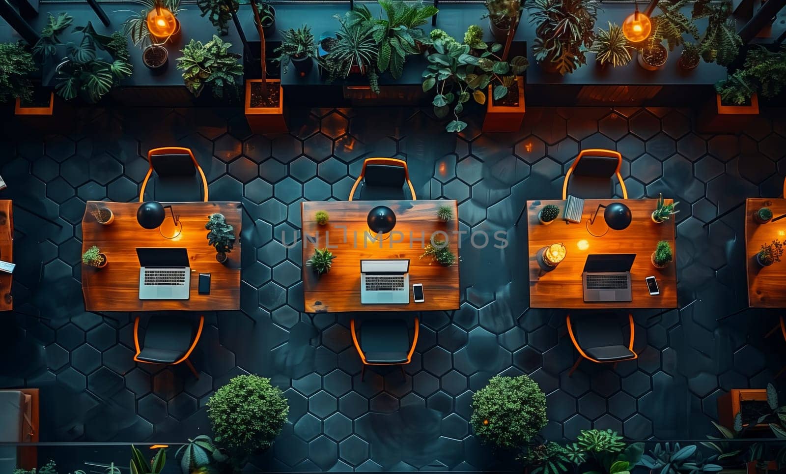 An aerial view of a restaurant with tables and chairs surrounded by plants. The landscape includes asphalt, vehicles, grass, and trees creating a natural and inviting atmosphere