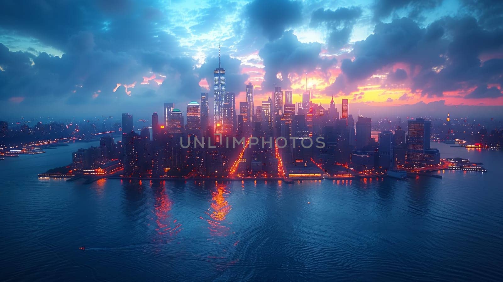 A breathtaking aerial view of a city at sunset, with the sky painted in vibrant hues, reflecting off the calm waters below, creating a stunning natural landscape